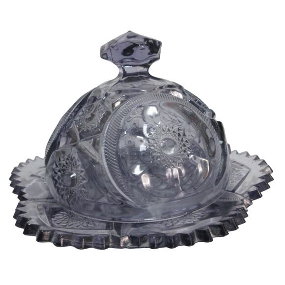 Purple Cut Glass Round Butter Dish with Dome Lid Pointed Edges Floral Print VTG - Picture 1 of 7